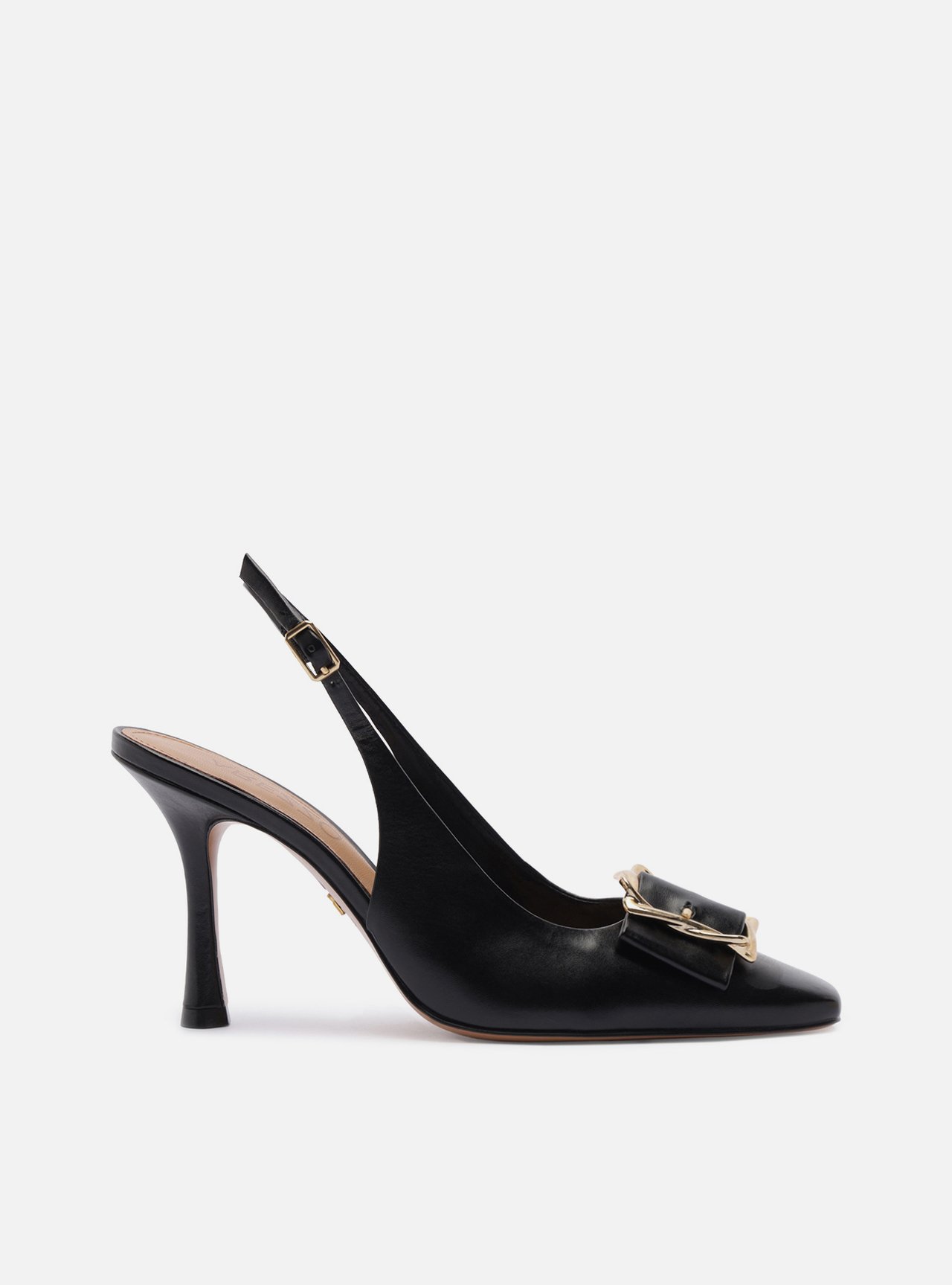 Scarpin Preto Couro Slingback Salto Alto Fivela — foto 1