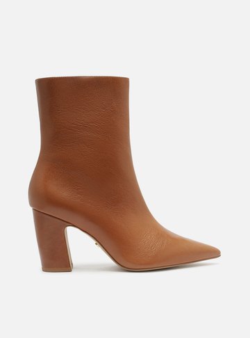 Bota Caramelo Couro Cano Médio Bico Fino Zíper