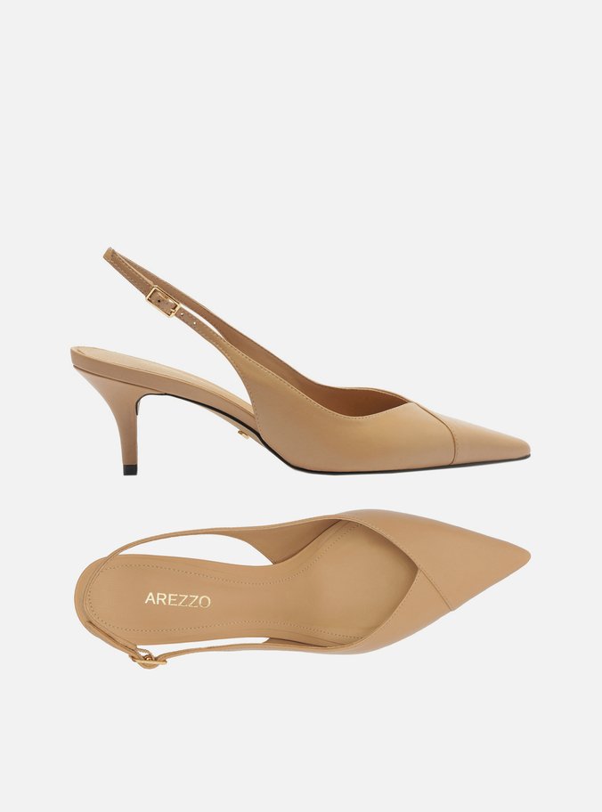 Scarpin Bege Couro Salto Kitten Slingback