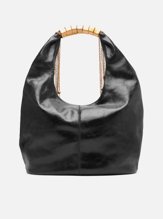 Bolsa Hobo Preta Couro Grande Alça Metais