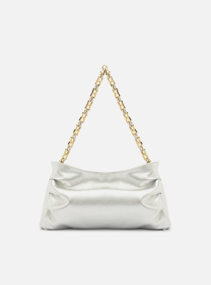 Bolsa Tiracolo Prateada Couro Média Corrente Mix