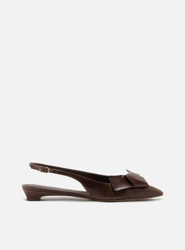 Sapatilha Marrom Couro Bico Fino Slingback Laço