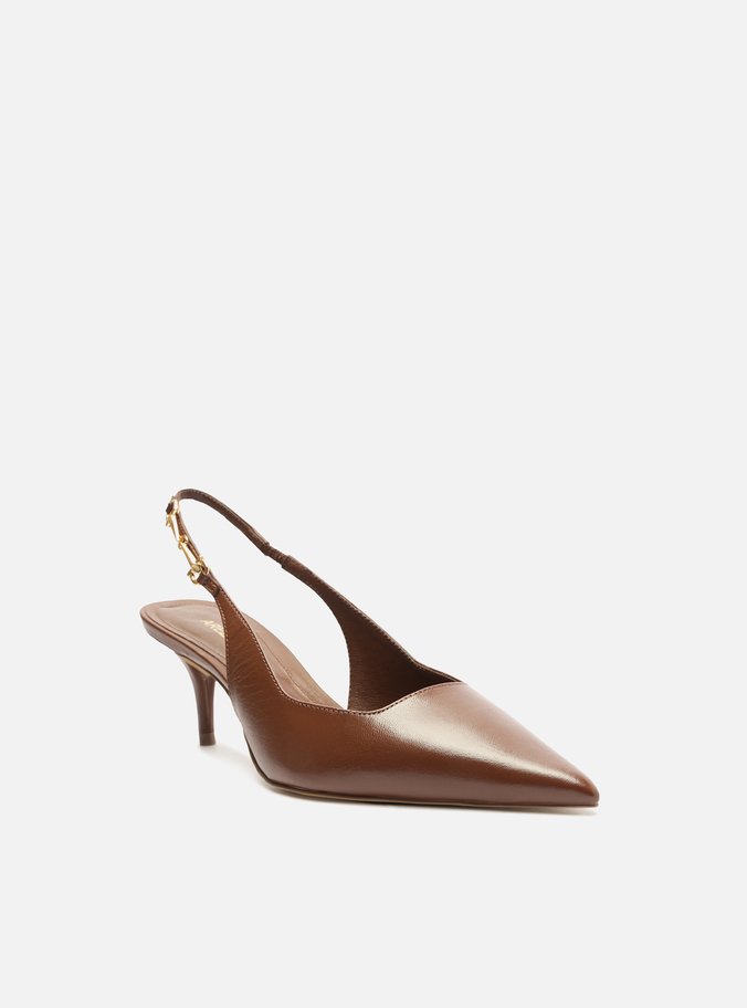 Scarpin Marrom Couro Slingback Detalhe Metal