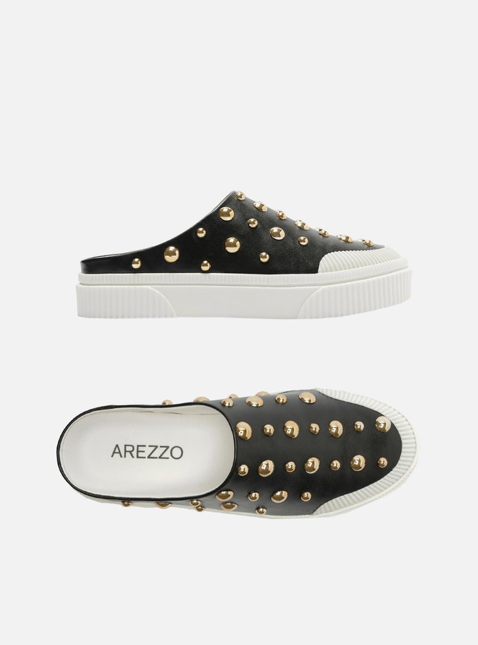Tênis Mule Slip On Preto Couro Studs Miley