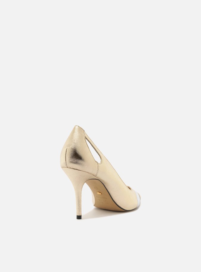 Scarpin Dourado Couro Salto Fino Vazado Bicolor