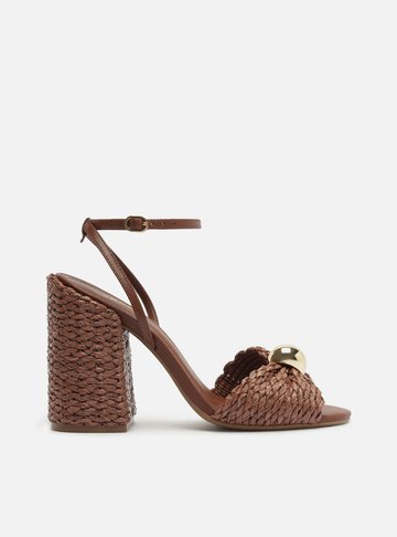 Sandália Marrom Salto Alto Bloco Tramado Metal