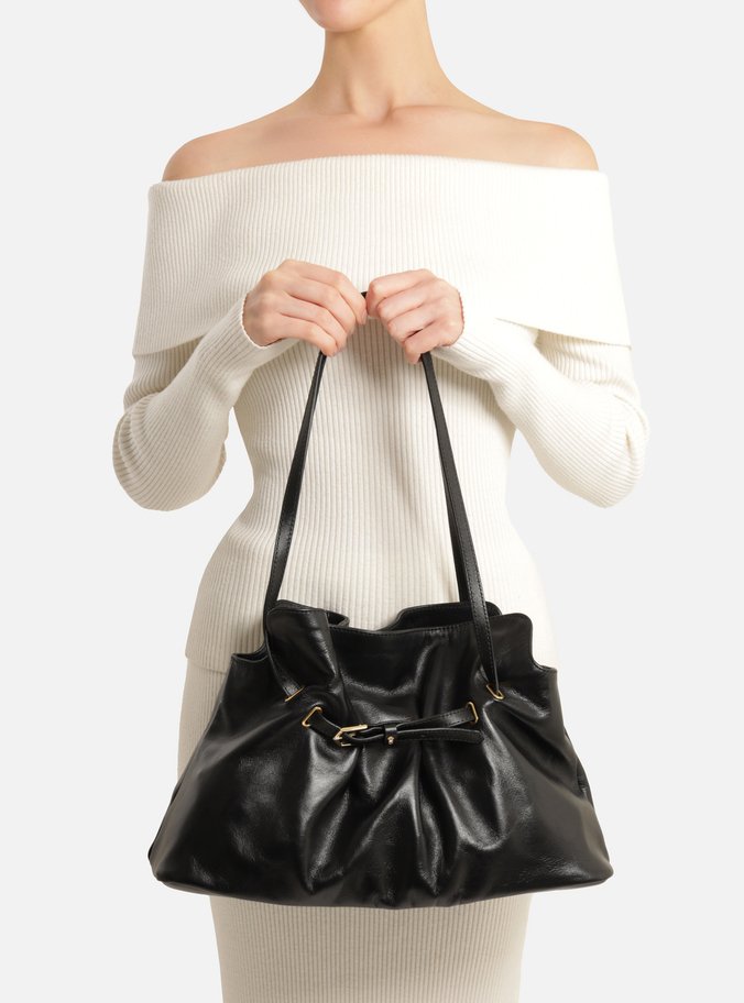 Bolsa Shopping Preta Couro Grande Tira Fivela