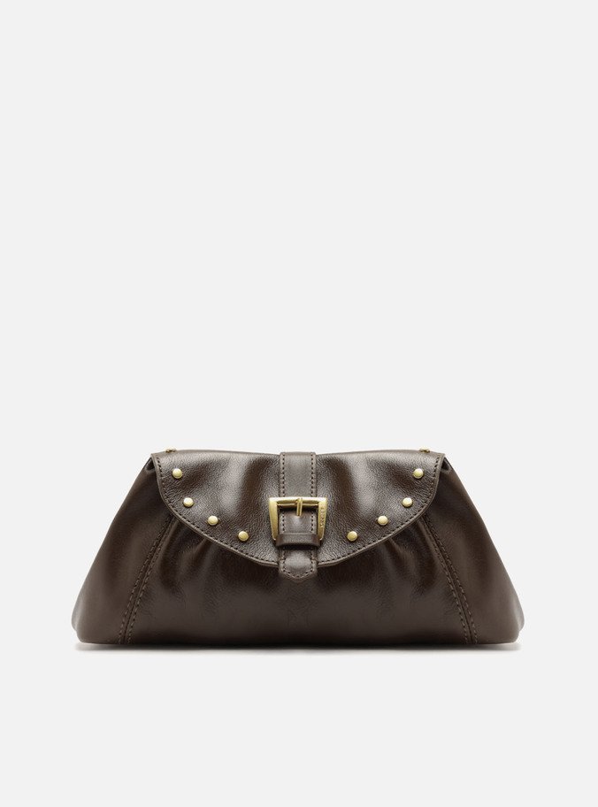 Bolsa Clutch Marrom Couro Grande Fivela Rebites