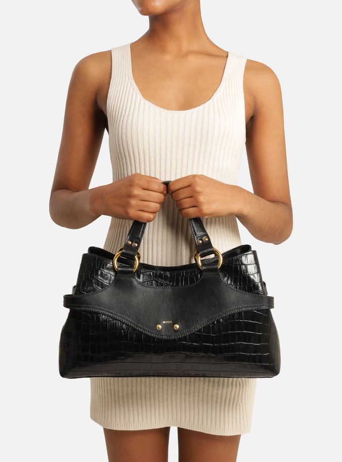 Bolsa Tote Preta Grande Textura Croco