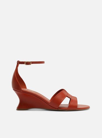 Sandália Laranja Couro Salto Anabela Tira Vazada