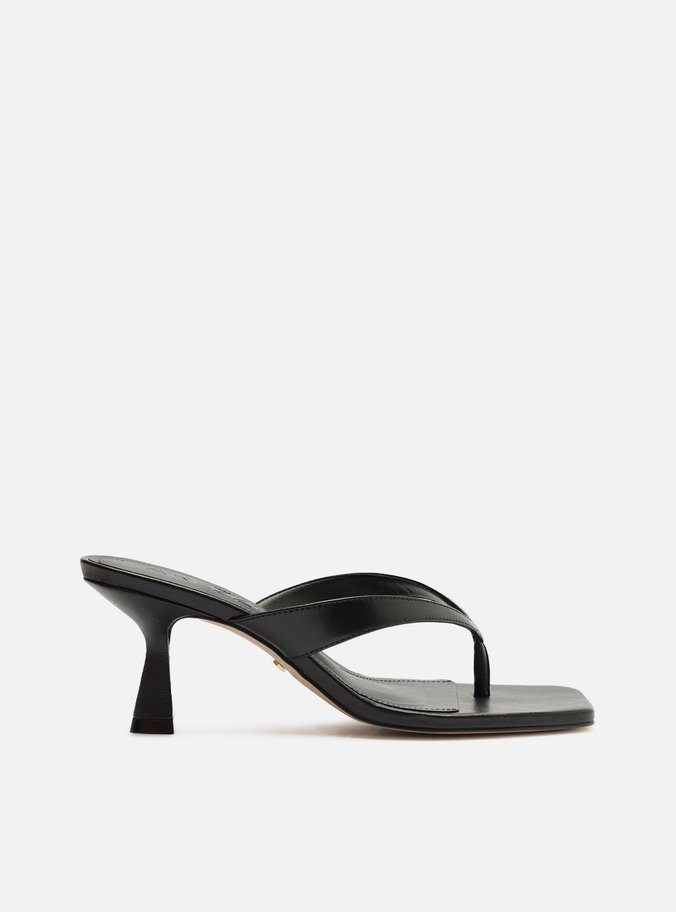 Tamanco Preta Couro Salto Fino Flip Flop