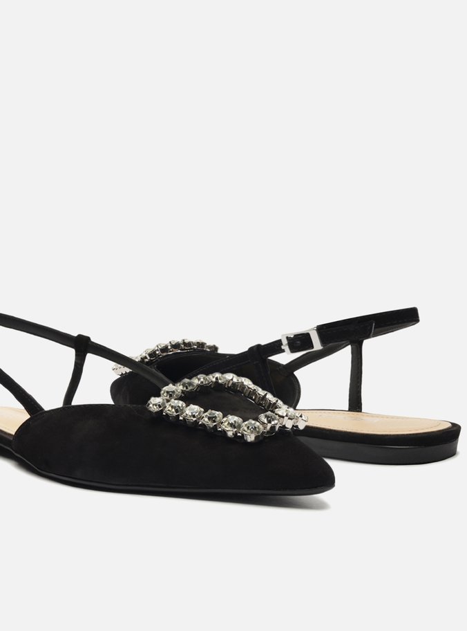 Sapatilha Preta Nobuck Bico Fino Slingback Pedraria