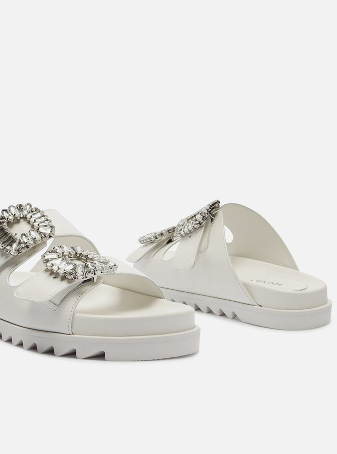 Sandália Slide Branca Couro Flatform Pedraria