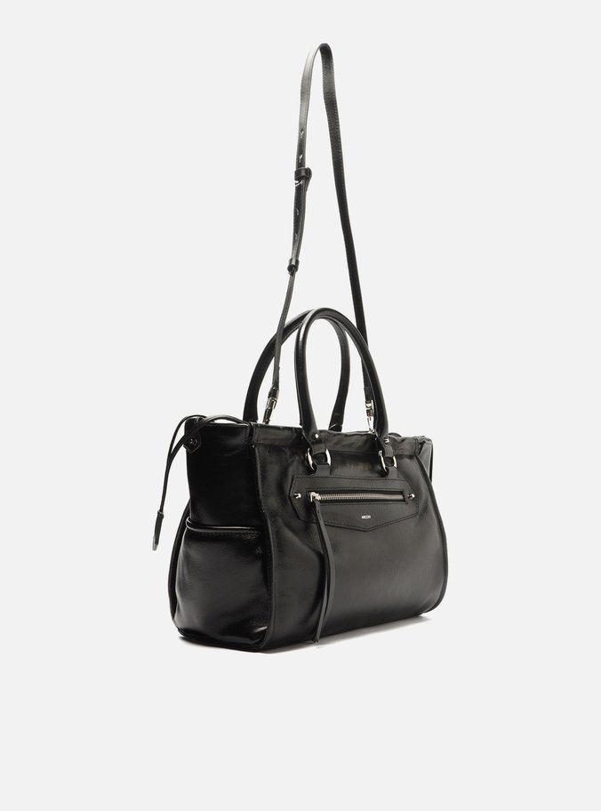 Bolsa Tote Preta Couro Média Bolso Frontal
