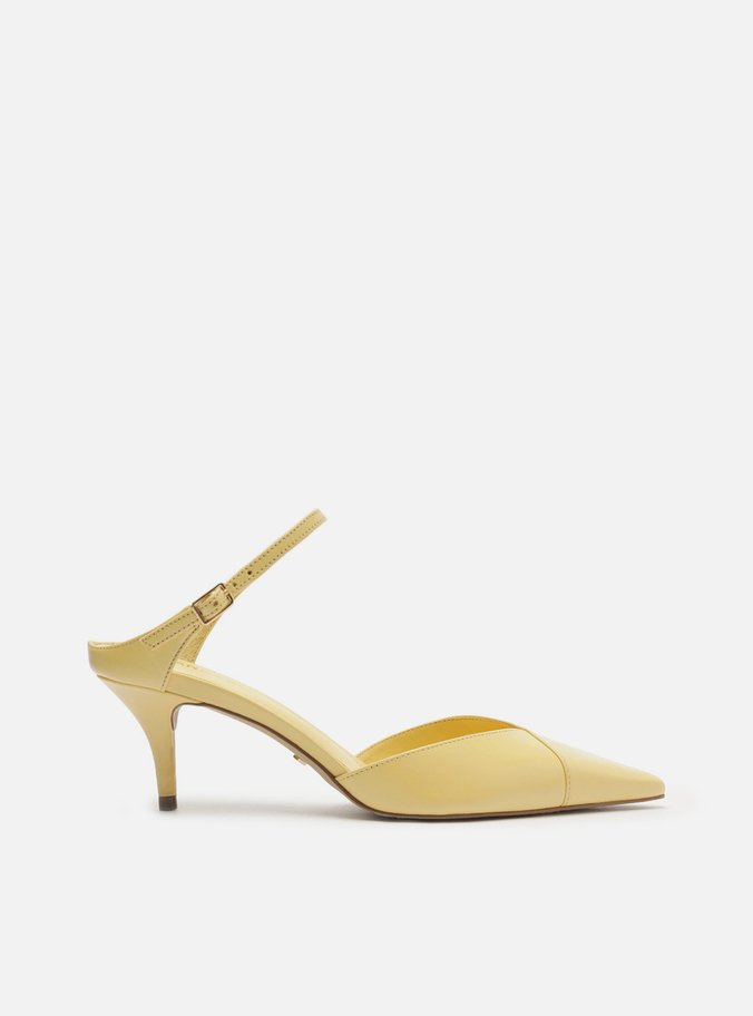 Mule Amarela Couro Salto Kitten Tira Instep