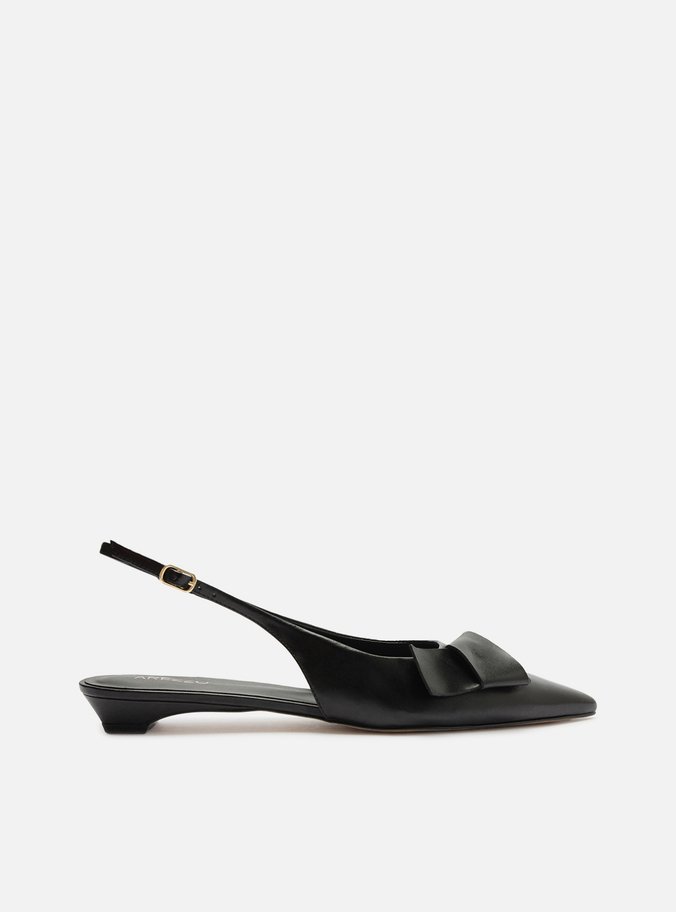 Sapatilha Preta Couro Bico Fino Slingback Laço