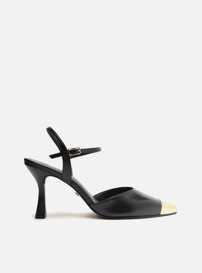 Scarpin Preto Couro Bico Fino Aberto Cap Toe