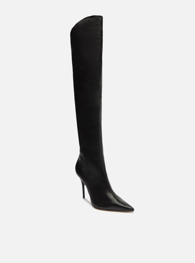 Bota Over The Knee Preta Couro Bico Fino