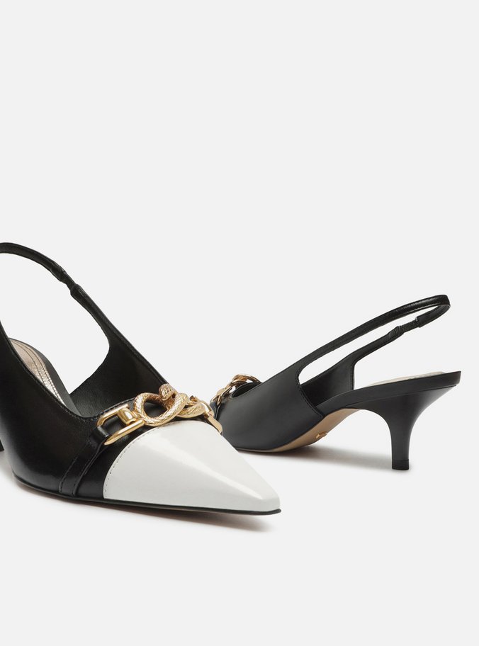 Scarpin Preto Couro Bico Fino Slingback Branco