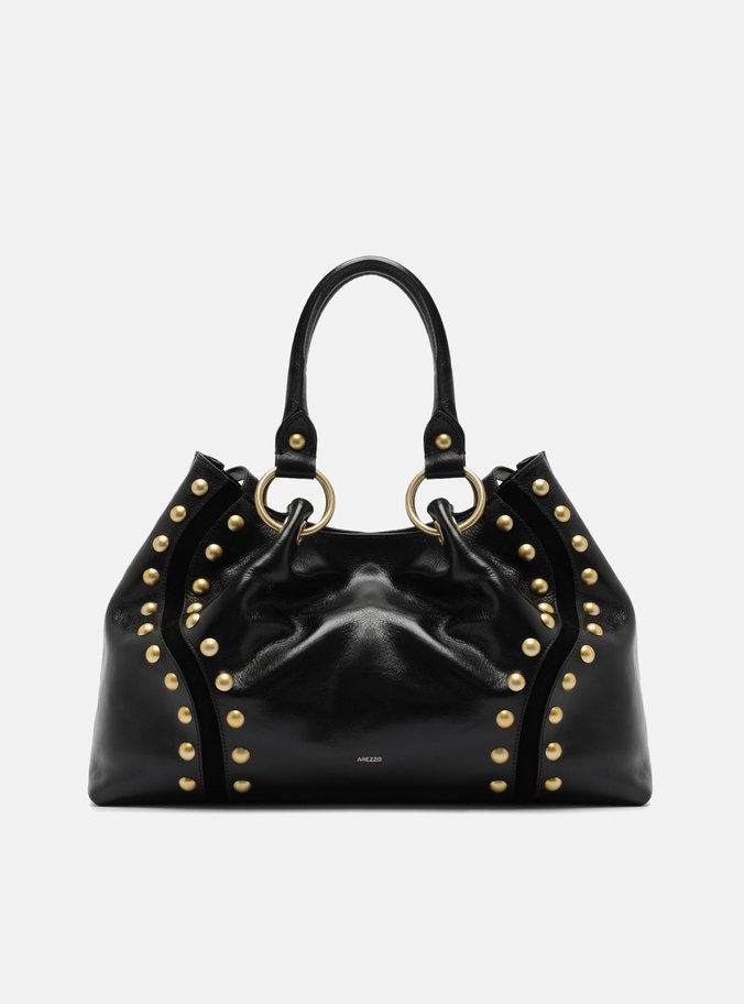Bolsa Tote Preta Couro Grande Rebites
