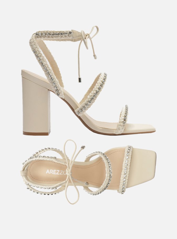 Sandália Off-White Salto Alto Bloco Strass Mykonos