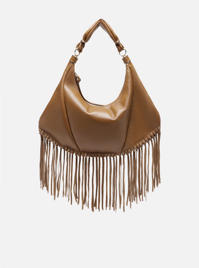 Bolsa Hobo Marrom Couro Média Franjas