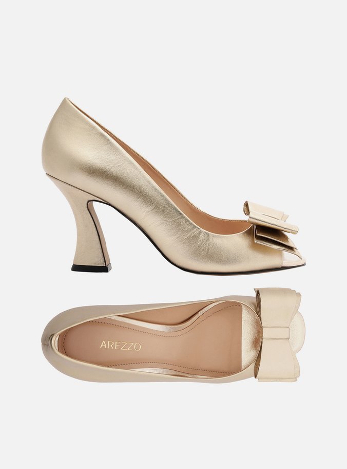 Peep Toe Dourado Couro Salto Médio Laço