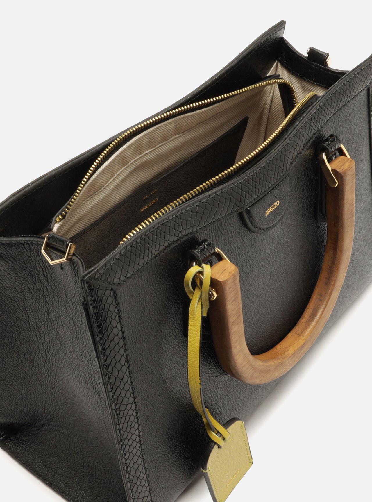 Bolsa Tote Preta Couro Média Alça Madeira — foto 4