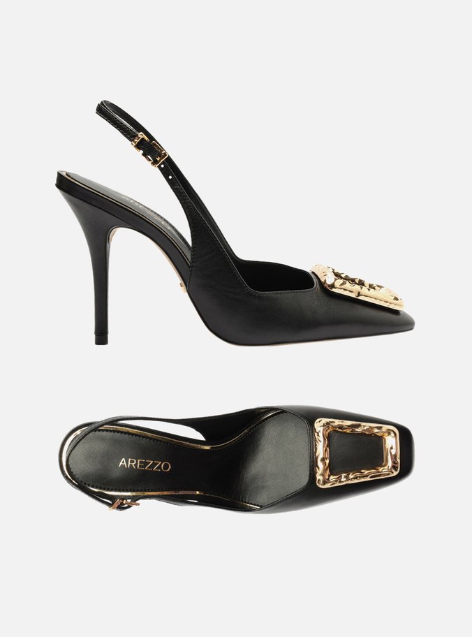 Scarpin Preto Couro Bico Quadrado Slingback Metal
