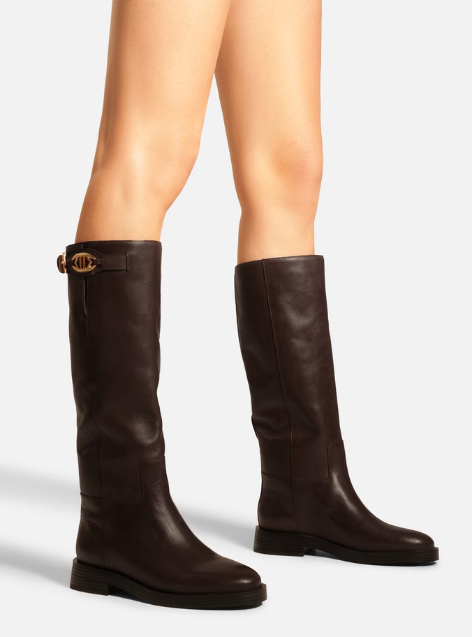 Bota Marrom Couro Cano Longo Montaria Metal