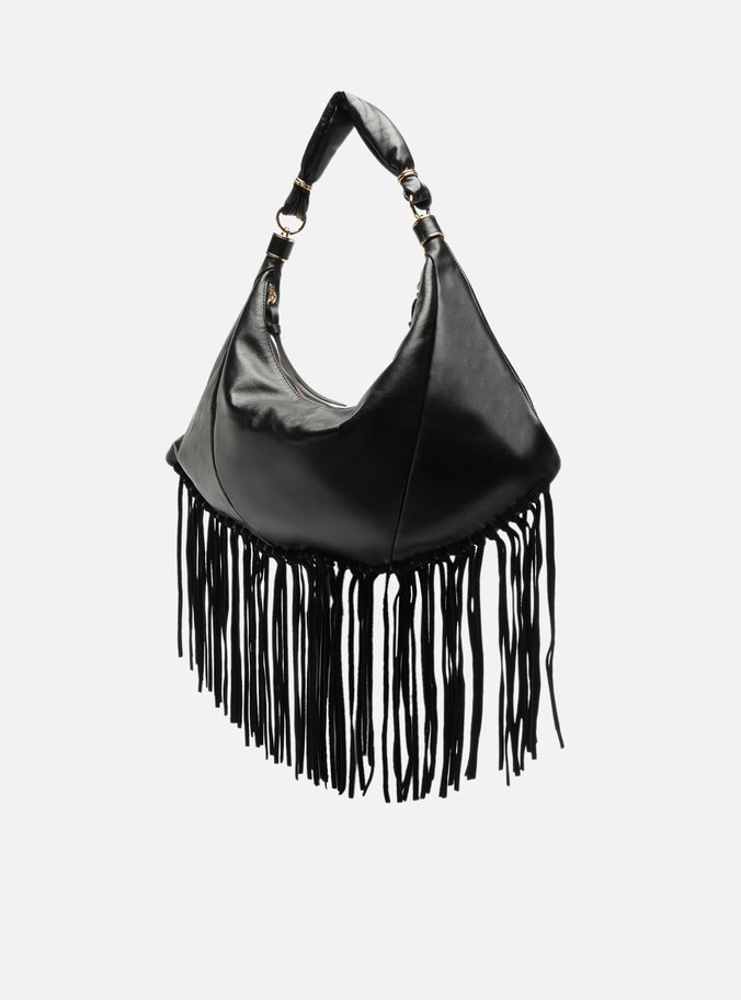 Bolsa Hobo Preta Couro Média Franjas