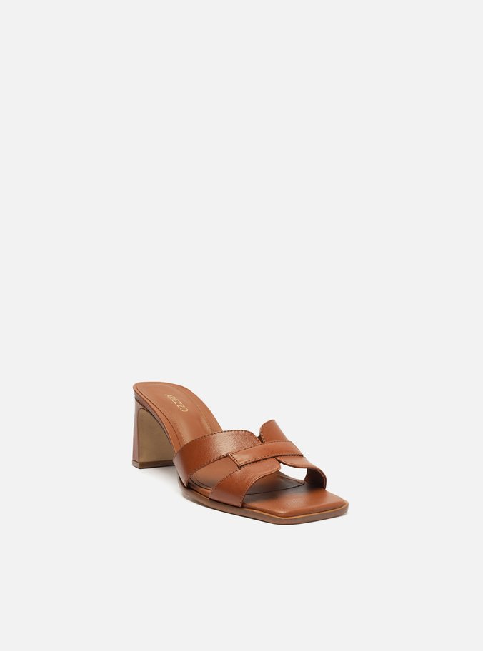 Mule Marrom Couro Bloco Bico Quadrado