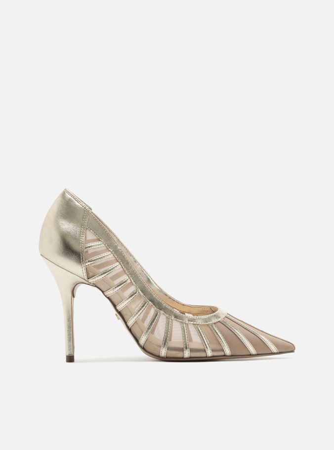 Scarpin Dourado Tela Salto Alto Bico Fino