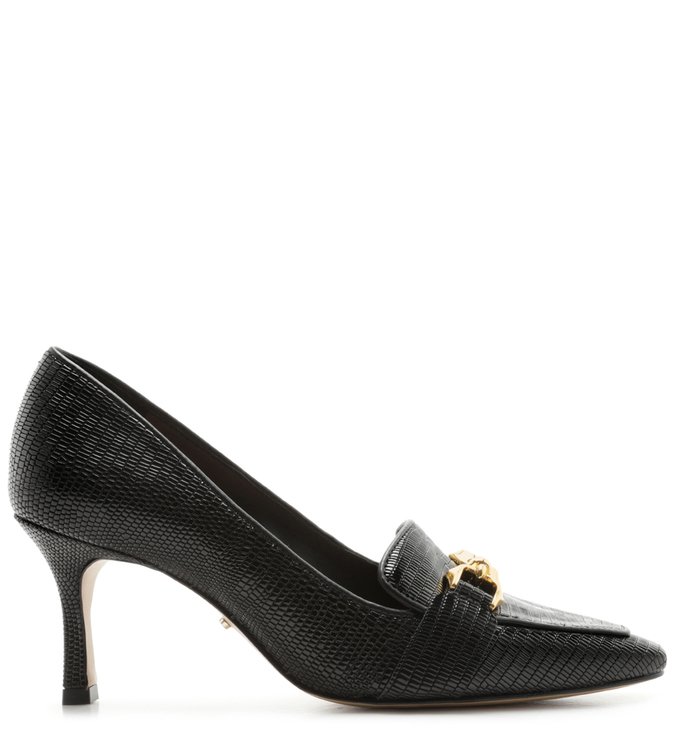 Scarpin Lizard Salto Fino Bico Quadrado Fivela Preto