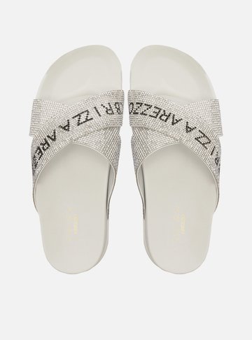 Sandália Papete Branca Tiras Strass Greta Glam