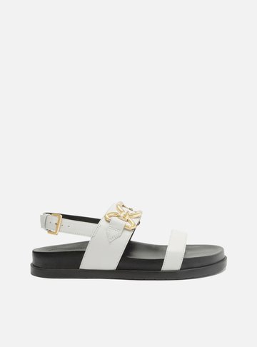 Sandália Rasteira Branca Couro Flatform Metal