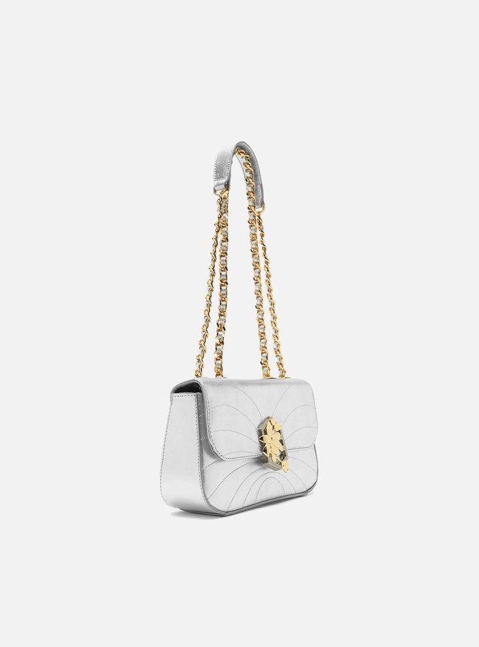 Bolsa Tiracolo Prata Couro Pequena Metal Flor