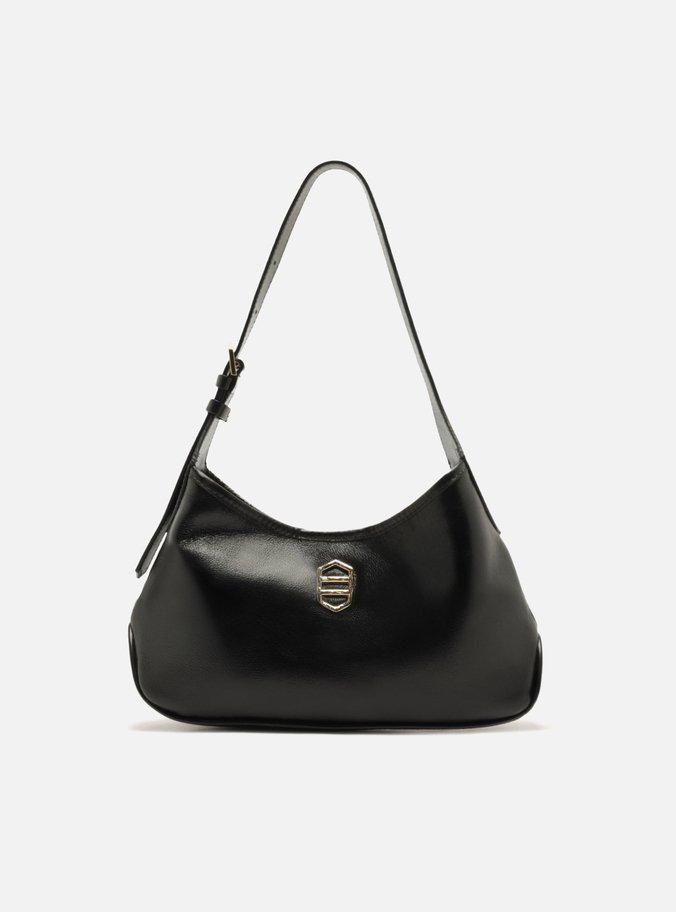 Bolsa Shoulder Preta Couro Média Metais Dourados
