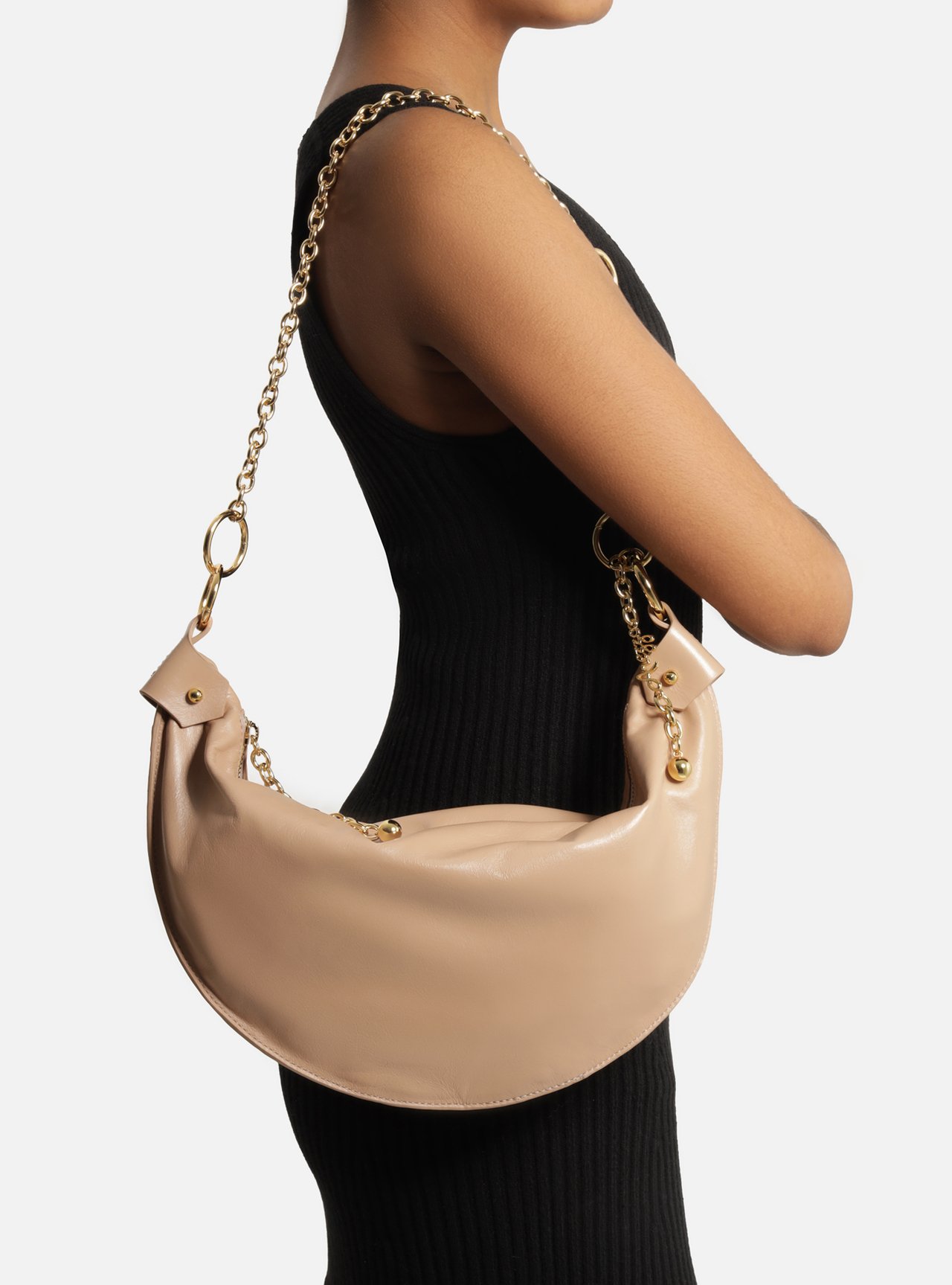 Bolsa Tiracolo Bege Couro Média Correntes — foto 7