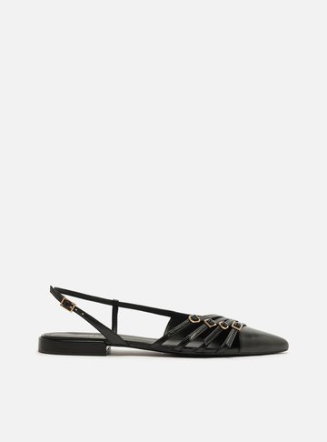 Sapatilha Preta Couro Slingback Tiras Fivelas