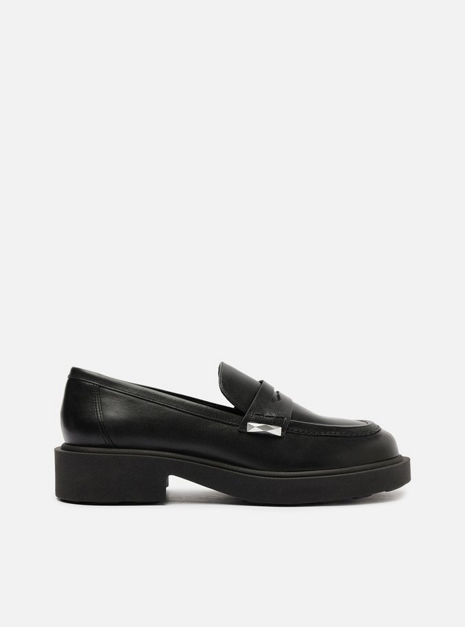 Mocassim Preto Couro Bloco Tira Detalhe