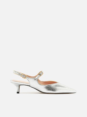 Sapato Boneca Prata Couro Bico Fino Slingback