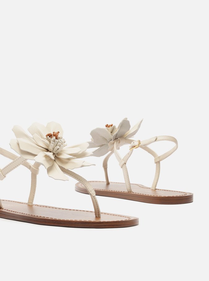 Sandália Rasteira Branca Couro Slim Flor