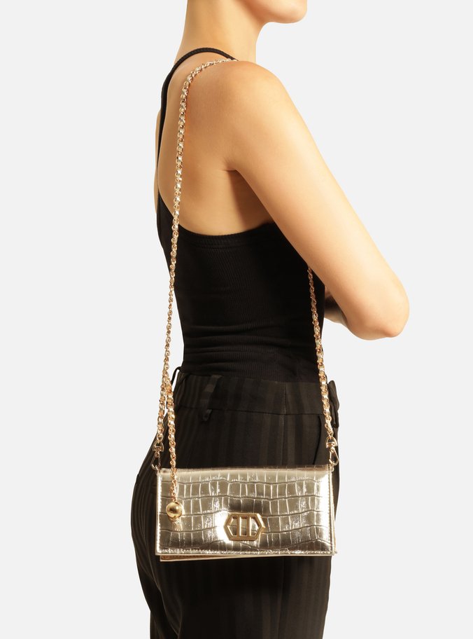 Clutch Dourada Couro Croco Pequena Metal
