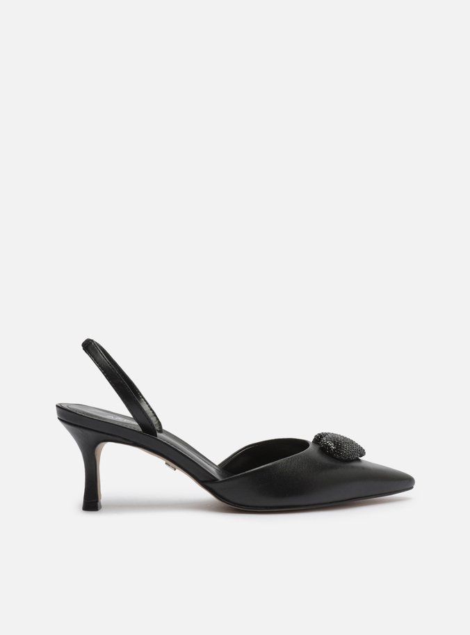 Scarpin Preto Couro Bico Fino Aberto Coração