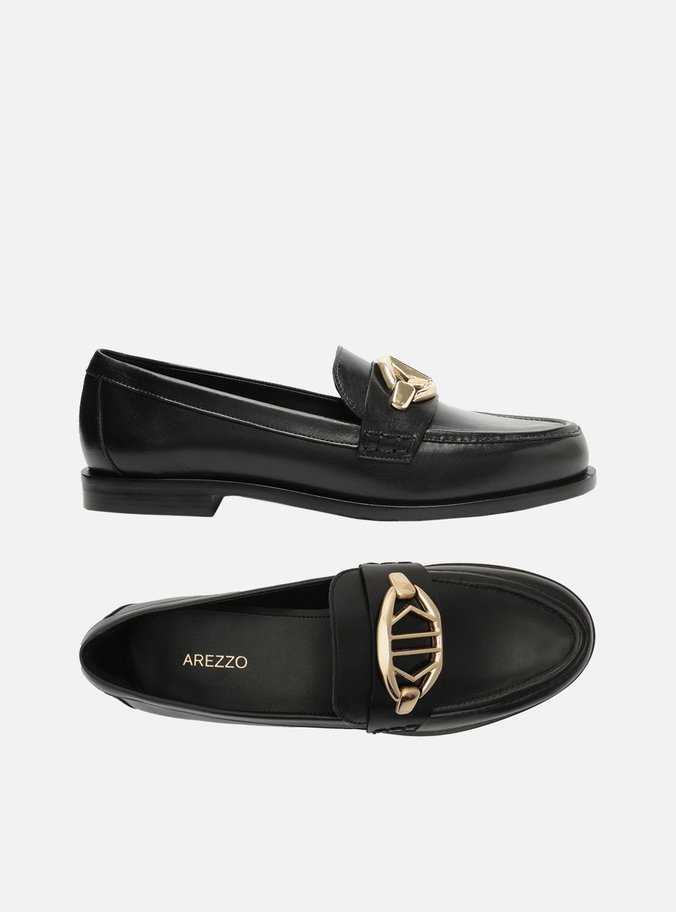 Mocassim Preto Couro Metal Geométrico