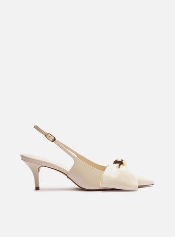 Scarpin Branco Couro Slingback Laço Metal