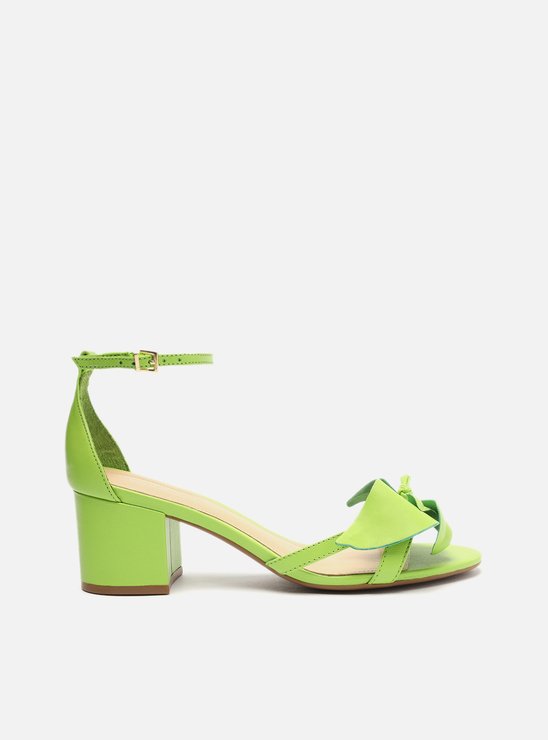 Sandália Verde Couro Salto Bloco Flor