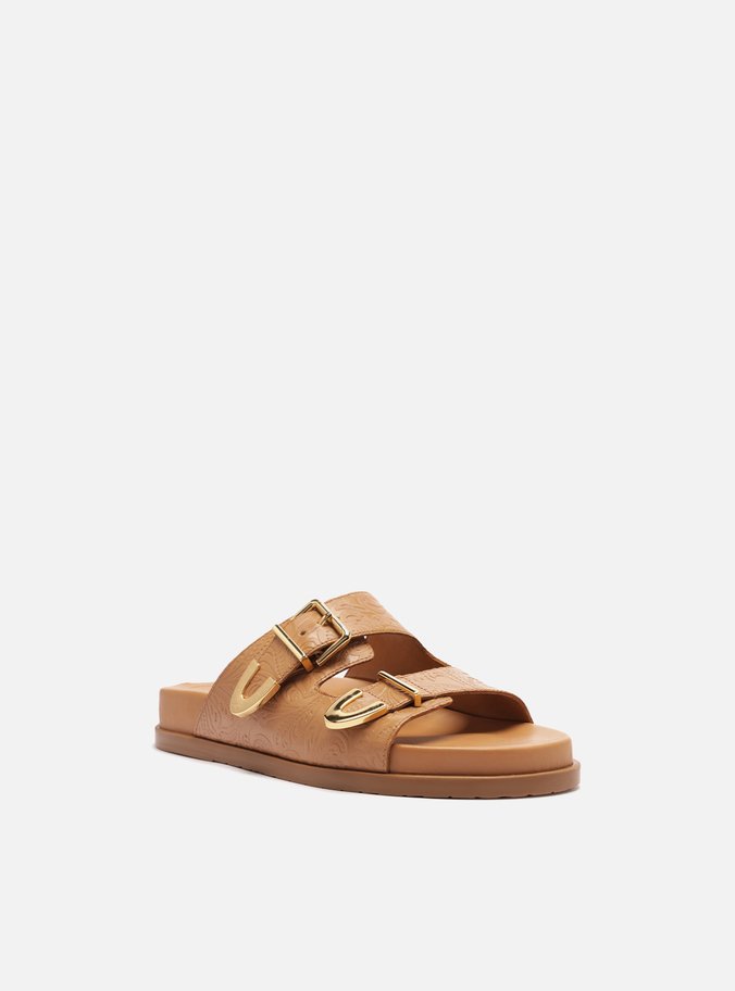 Papete Marrom Caramel Couro Tiras Metais Fivela