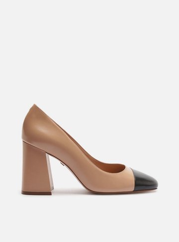 Arezzo — Scarpin Nude Couro Salto Bloco Cap Toe Preto